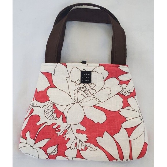 Small Lisa Lill Studio Brown Beige Pink Flower Bag Tote Tie Closure Reversible - Picture 5 of 10